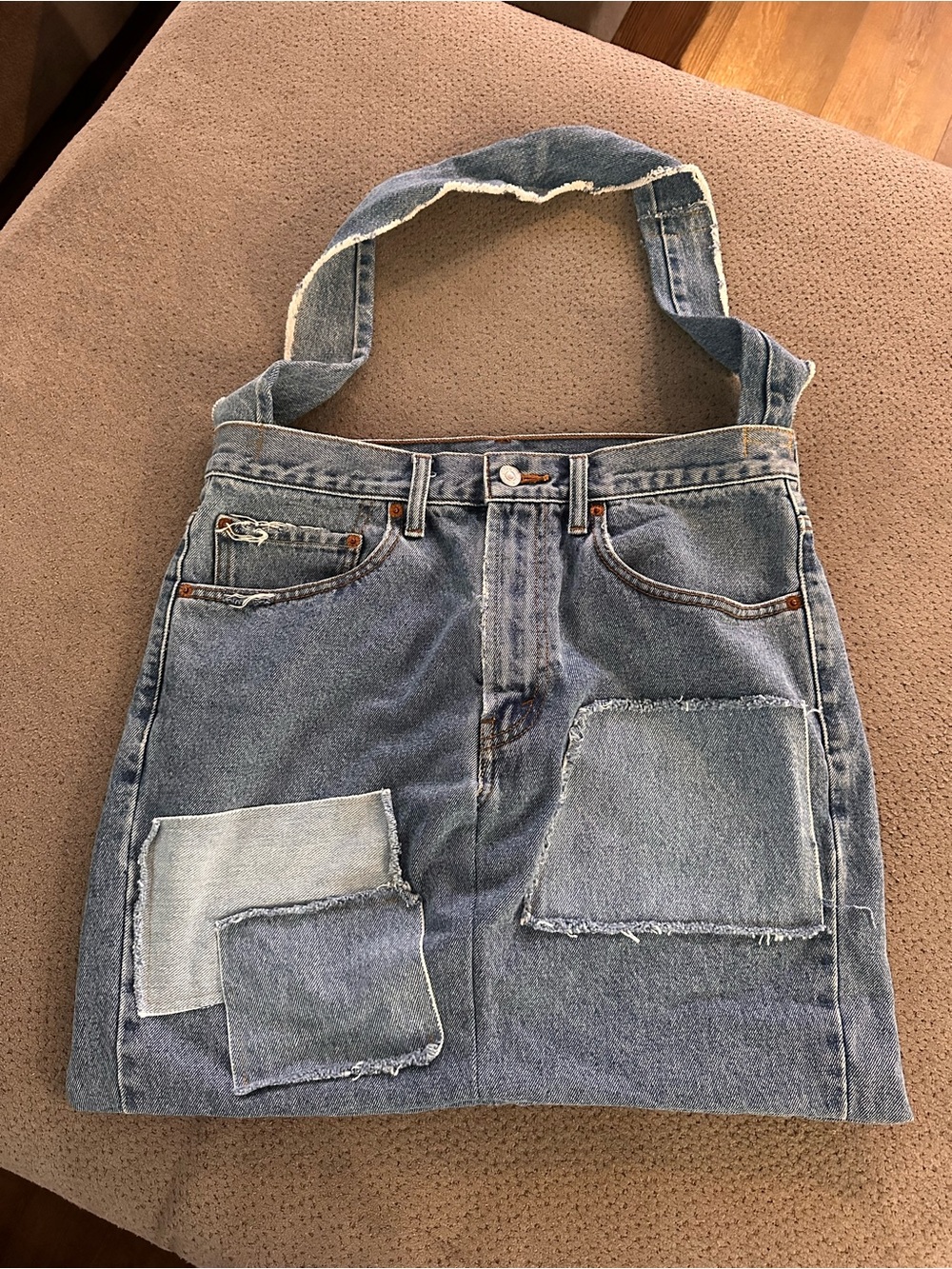 Denim Levi Patchwork Crossbody Tote Bag - Blue
